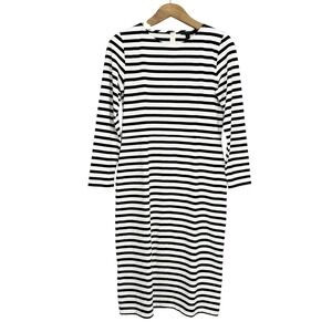 J. Crew Black White Striped Long Sleeve Cotton Sheath Midi Dress Women's Size 8